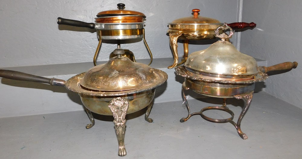Four Chafing Dishes -Two Are Silver Plate: Four Chafing Dishes -Two Are Silver Plate. Up to 18" L ALL DESCRIPTIONS AND ANY CONDITION STATEMENT GIVEN BY LANGSTON AUCTION GALLERY ARE STRICTLY OPINIONS AND LANGSTON'S SHALL HAVE NO RESPONSIBILITY 