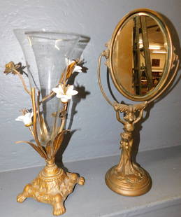 Art Nouveau Cast Iron Dressing Mirror & Metal & Glass Vase: Art Nouveau Cast Iron Dressing Mirror & Metal & Glass Vase. 16 1/2" H ALL DESCRIPTIONS AND ANY CONDITION STATEMENT GIVEN BY LANGSTON AUCTION GALLERY ARE STRICTLY OPINIONS AND LANGSTON'S SHALL HAVE NO