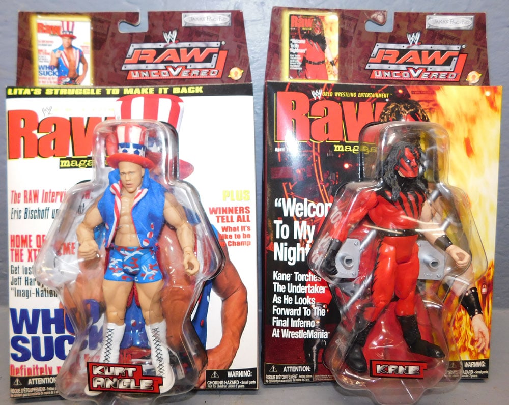 RAW Uncovered Magazine Wrestling Figures ( Kurt Angle & Kane): RAW Uncovered Magazine Wrestling Figures ( Kurt Angle & Kane). ALL DESCRIPTIONS AND ANY CONDITION STATEMENT GIVEN BY LANGSTON AUCTION GALLERY ARE STRICTLY OPINIONS AND LANGSTON'S SHALL HAVE NO RESPONS