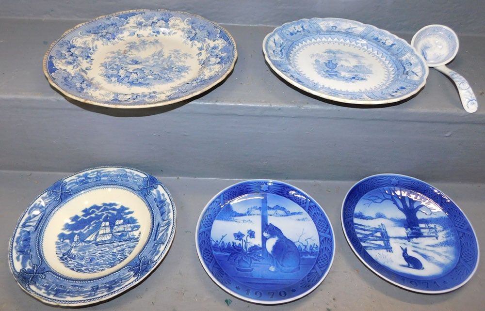 Lot Antique Blue Transfer Plates & Two Royal Copenhagen Plates (1 of 10)