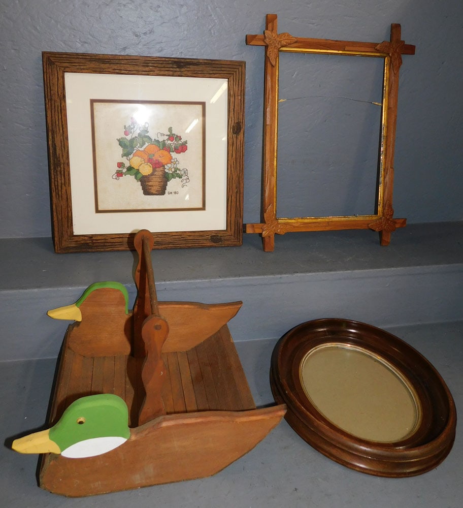 Lot of Victorian Style Frames, Floral Crocheted Art, & Duck Form Wood Basket (1 of 4)