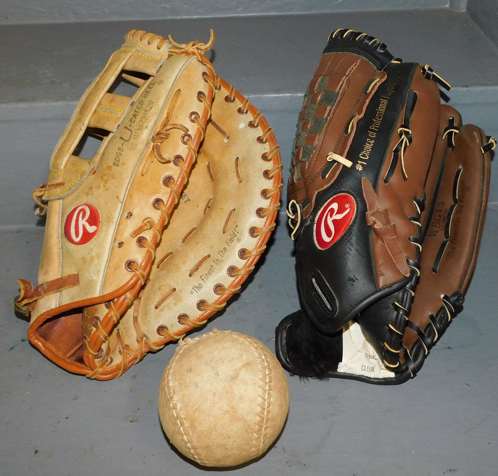 Two Vintage Leather Baseball Gloves & Softball (1 of 3)