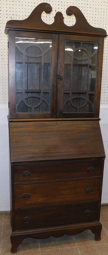 Mahogany Glass Door Secretary: Mahogany Glass Door Secretary. 28 1/2" W 16" D 73 1/2" H ALL DESCRIPTIONS AND ANY CONDITION STATEMENT GIVEN BY LANGSTON AUCTION GALLERY ARE STRICTLY OPINIONS AND LANGSTON'S SHALL HAVE NO RESPONSIBILIT