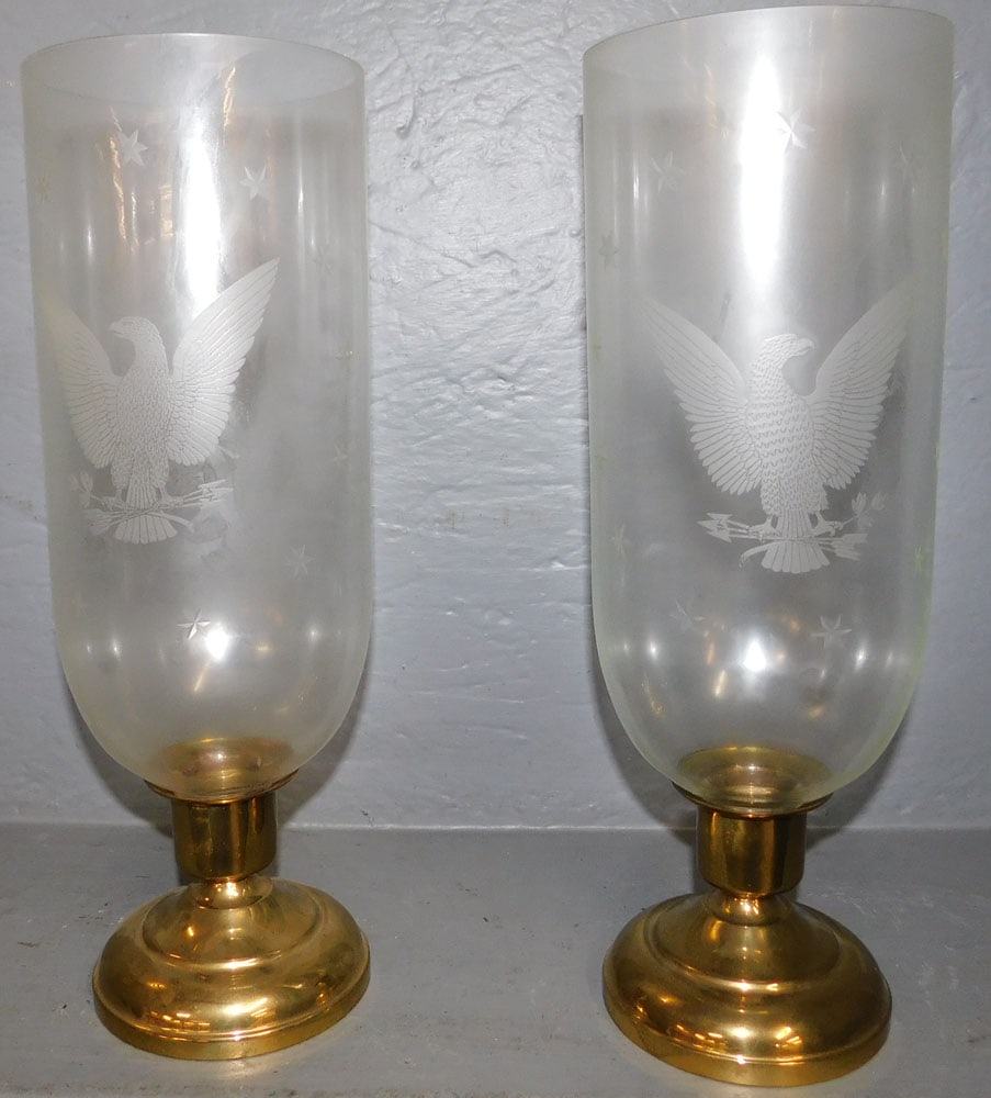 Pair of Glass Candlesticks with Eagle Etched Glass Shades (1 of 3)