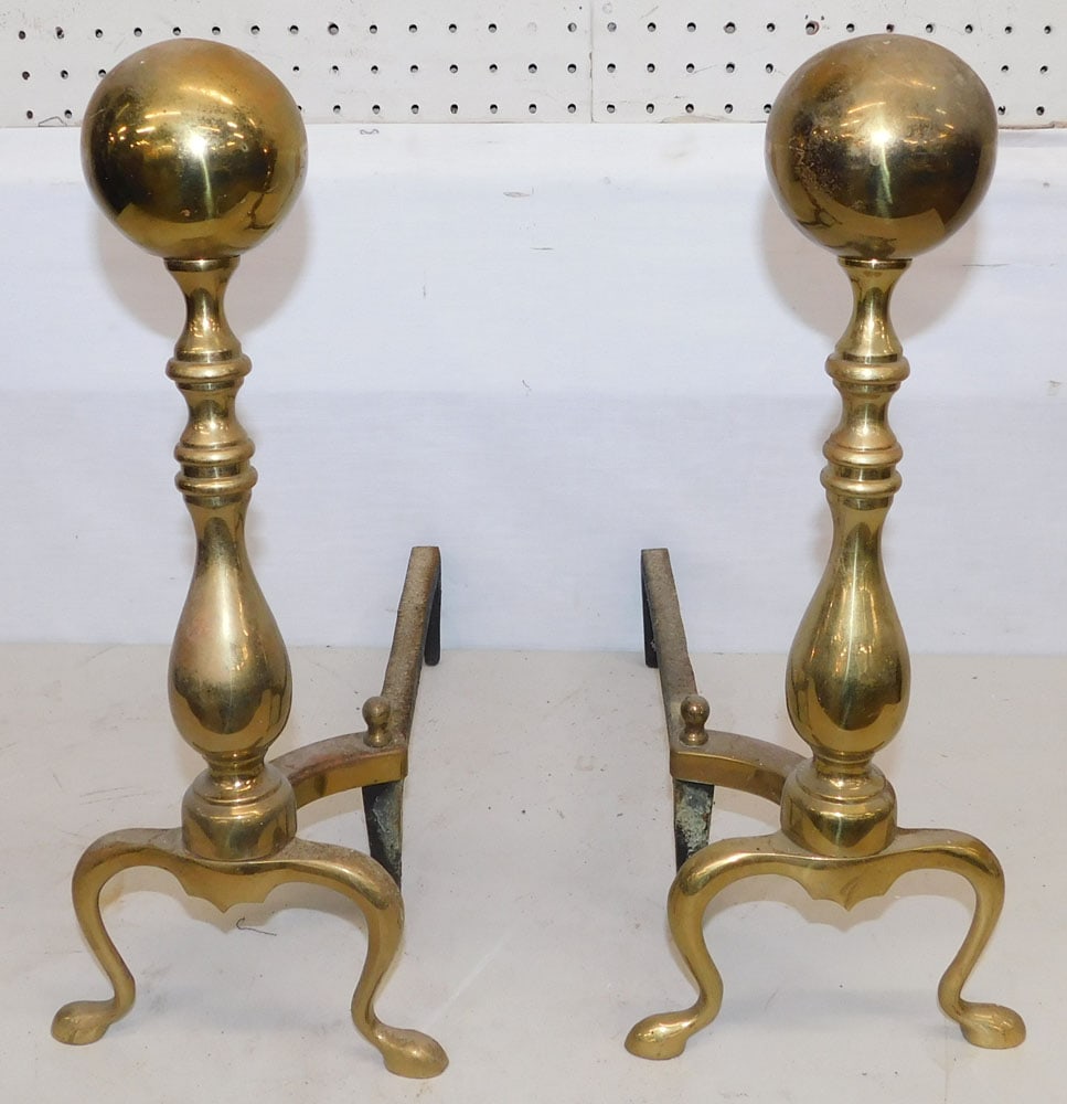 Pair of Antique Brass Cannonball Andirons (1 of 2)