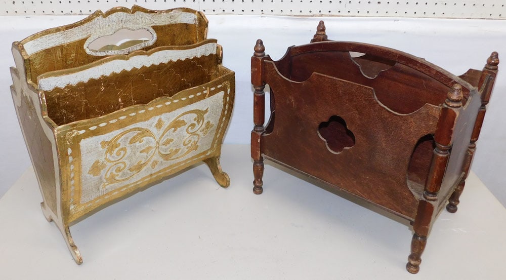 Italian Painted Wood Canterbury & Mahogany Canterbury: Italian Painted Wood Canterbury & Mahogany Canterbury. 18 1/2" H ALL DESCRIPTIONS AND ANY CONDITION STATEMENT GIVEN BY LANGSTON AUCTION GALLERY ARE STRICTLY OPINIONS AND LANGSTON'S SHALL HAVE NO RESPO