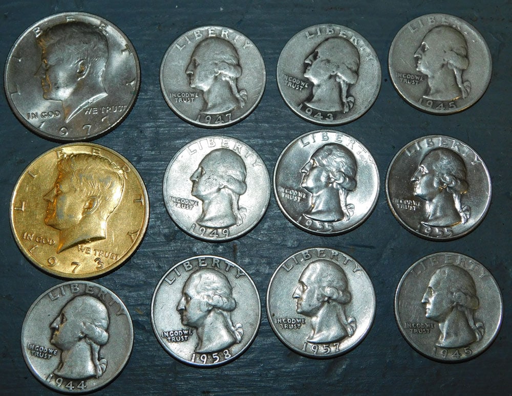 10 Silver Washington Quarters & Two Kennedy Halves - One Gold Washed (1 of 2)