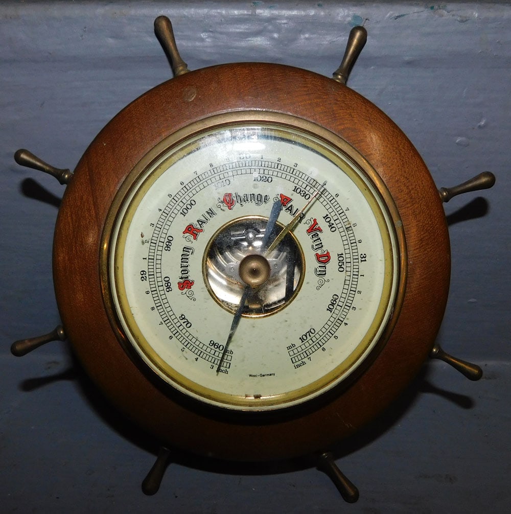 Vintage German Brass & Wood Ships Wheel Barometer (1 of 2)