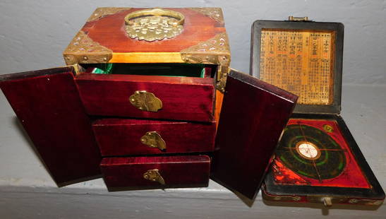 Oriental Jewelry Cabinet & Compass In Box: Oriental Jewelry Cabinet & Compass In Box. ALL DESCRIPTIONS AND ANY CONDITION STATEMENT GIVEN BY LANGSTON AUCTION GALLERY ARE STRICTLY OPINIONS AND LANGSTON'S SHALL HAVE NO RESPONSIBILITY FOR ERRORS O