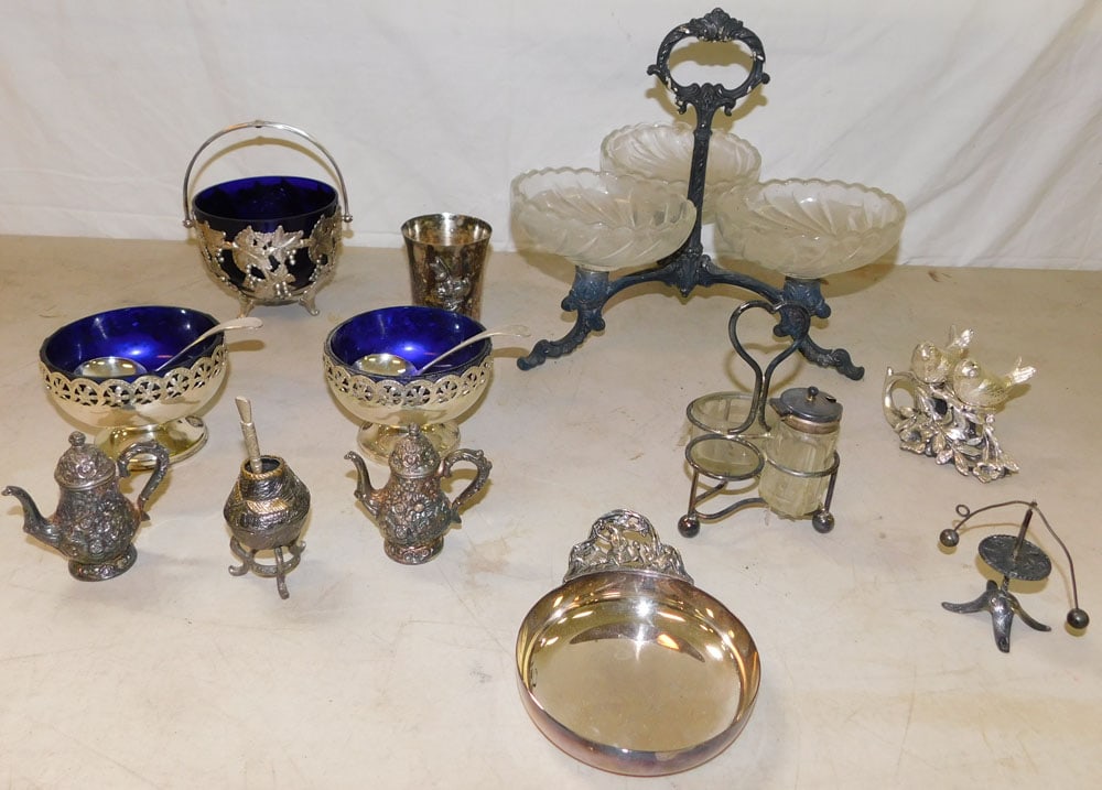 Lot Silver Plate Condiment Stands - Salt & Pepper Shakers - Cobalt Blue Lined Items (1 of 4)