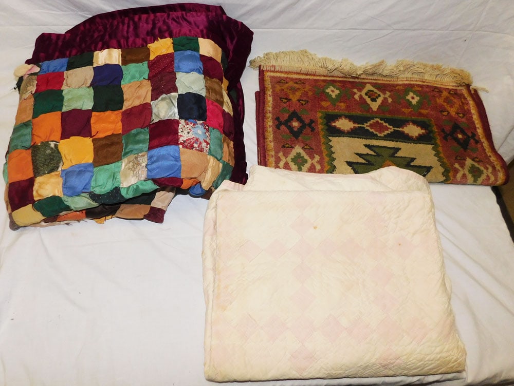 Lot Hand Made Quilts - Rug: Lot Hand Made Quilts - Rug. ALL DESCRIPTIONS AND ANY CONDITION STATEMENT GIVEN BY LANGSTON AUCTION GALLERY ARE STRICTLY OPINIONS AND LANGSTON'S SHALL HAVE NO RESPONSIBILITY FOR ERRORS OR OMISSIONS. TH
