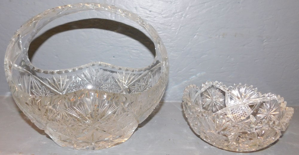 Cut Glass Basket & Bowl: Cut Glass Basket & Bowl. Up to: 9 1/2" H ALL DESCRIPTIONS AND ANY CONDITION STATEMENT GIVEN BY LANGSTON AUCTION GALLERY ARE STRICTLY OPINIONS AND LANGSTON'S SHALL HAVE NO RESPONSIBILITY FOR ERRORS OR 