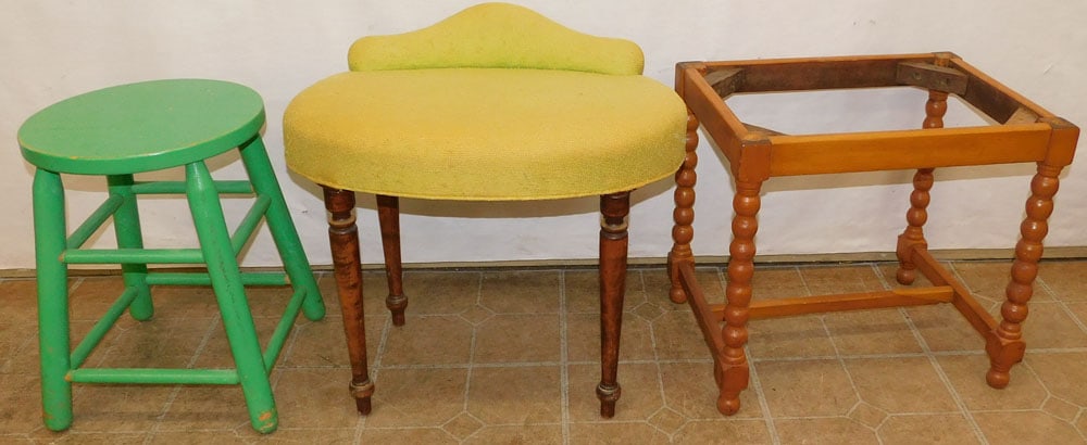 Three Stools: Three Stools. Up to: 18 1/4" H ALL DESCRIPTIONS AND ANY CONDITION STATEMENT GIVEN BY LANGSTON AUCTION GALLERY ARE STRICTLY OPINIONS AND LANGSTON'S SHALL HAVE NO RESPONSIBILITY FOR ERRORS OR OMISSIONS.