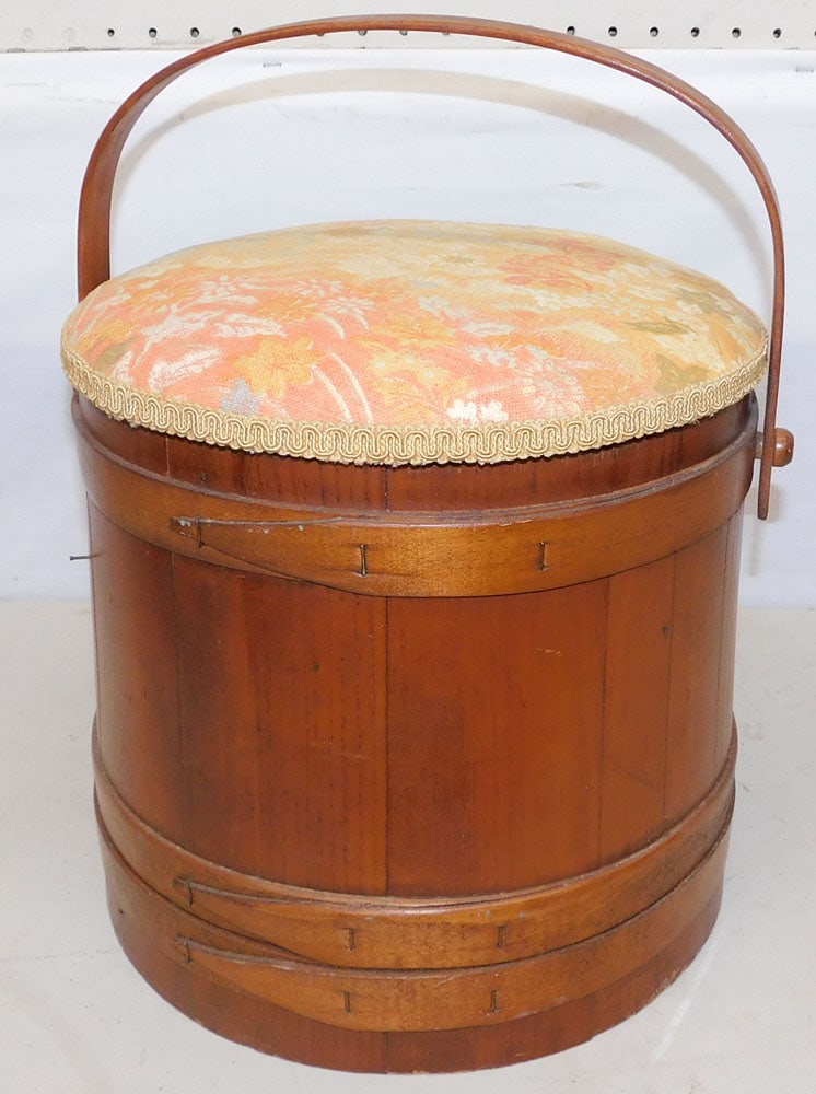 Pine Sewing Bucket: Pine Sewing Bucket. 16" H ALL DESCRIPTIONS AND ANY CONDITION STATEMENT GIVEN BY LANGSTON AUCTION GALLERY ARE STRICTLY OPINIONS AND LANGSTON'S SHALL HAVE NO RESPONSIBILITY FOR ERRORS OR OMISSIONS. THE 