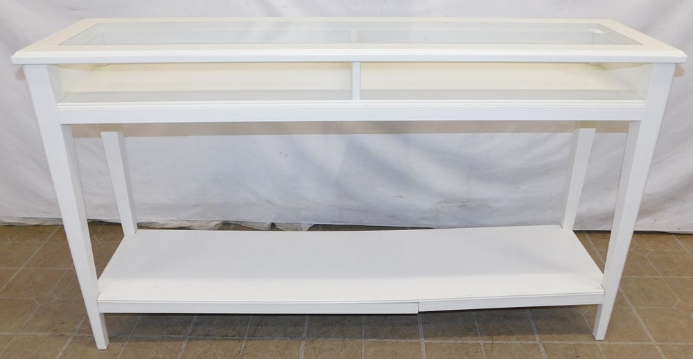 Painted Show Case Top Console: Painted Show Case Top Console. 54 1/4" W 14 1/2" D 29 3/4" H ALL DESCRIPTIONS AND ANY CONDITION STATEMENT GIVEN BY LANGSTON AUCTION GALLERY ARE STRICTLY OPINIONS AND LANGSTON'S SHALL HAVE NO RESPONSIB