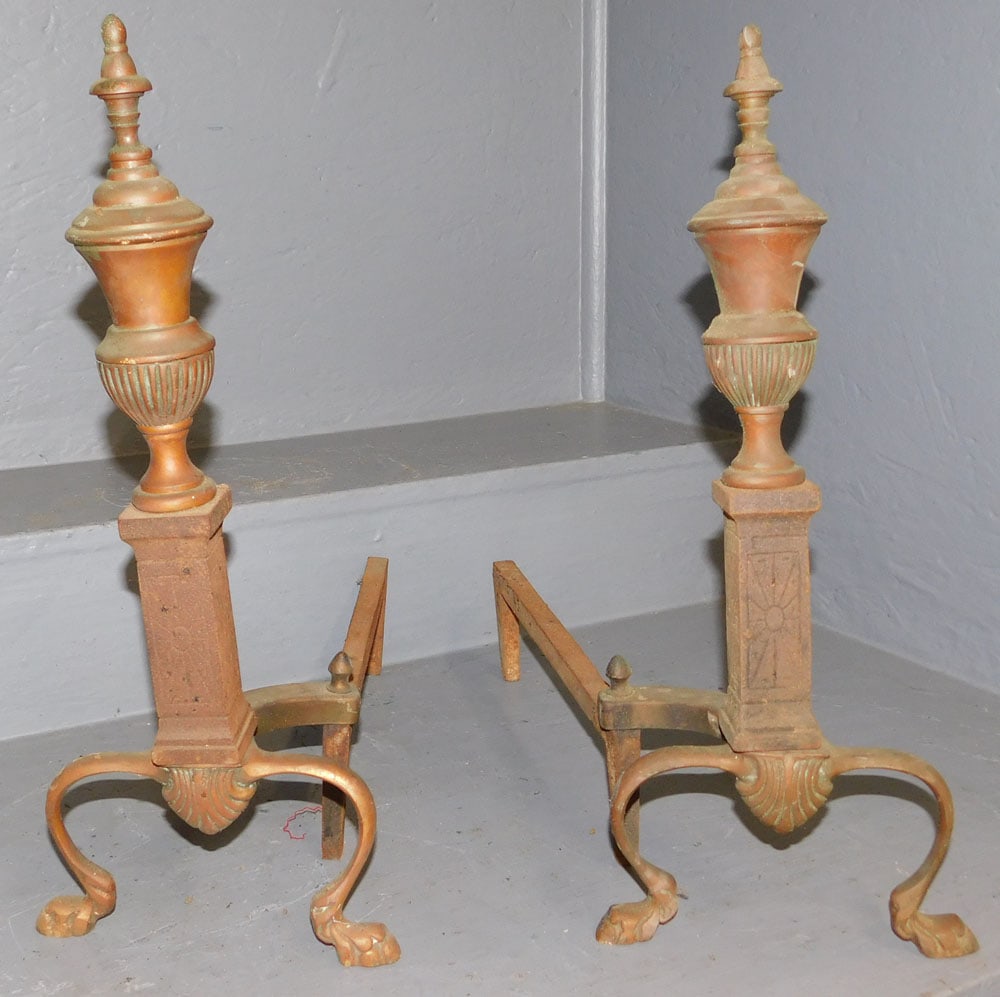 Pair Brass Antique Andirons: Pair Brass Antique Andirons. 19" H ALL DESCRIPTIONS AND ANY CONDITION STATEMENT GIVEN BY LANGSTON AUCTION GALLERY ARE STRICTLY OPINIONS AND LANGSTON'S SHALL HAVE NO RESPONSIBILITY FOR ERRORS OR OMISSI
