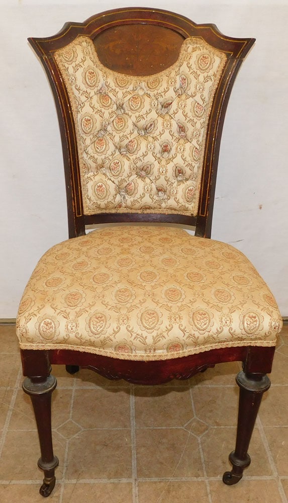 Mahogany Inlay Victorian Side Chair: Mahogany Inlay Victorian Side Chair. 35 1/2" H ALL DESCRIPTIONS AND ANY CONDITION STATEMENT GIVEN BY LANGSTON AUCTION GALLERY ARE STRICTLY OPINIONS AND LANGSTON'S SHALL HAVE NO RESPONSIBILITY FOR ERRO