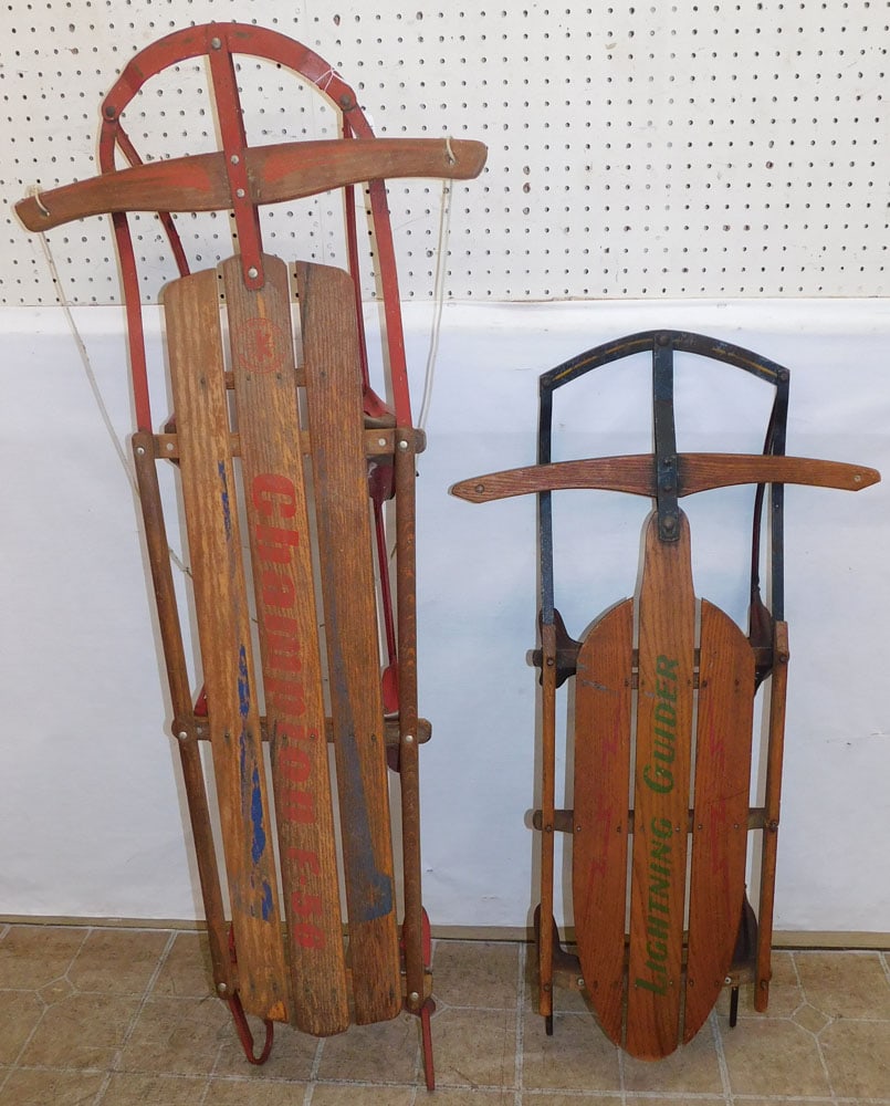 Two Antique Snow Sleighs: Two Antique Snow Sleighs. Up to: 56 1/2" L ALL DESCRIPTIONS AND ANY CONDITION STATEMENT GIVEN BY LANGSTON AUCTION GALLERY ARE STRICTLY OPINIONS AND LANGSTON'S SHALL HAVE NO RESPONSIBILITY FOR ERRORS O