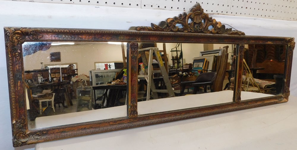 Antique Over The Mantle Mirror: Antique Over The Mantle Mirror. 45 1/2" x 17" ALL DESCRIPTIONS AND ANY CONDITION STATEMENT GIVEN BY LANGSTON AUCTION GALLERY ARE STRICTLY OPINIONS AND LANGSTON'S SHALL HAVE NO RESPONSIBILITY FOR ERROR