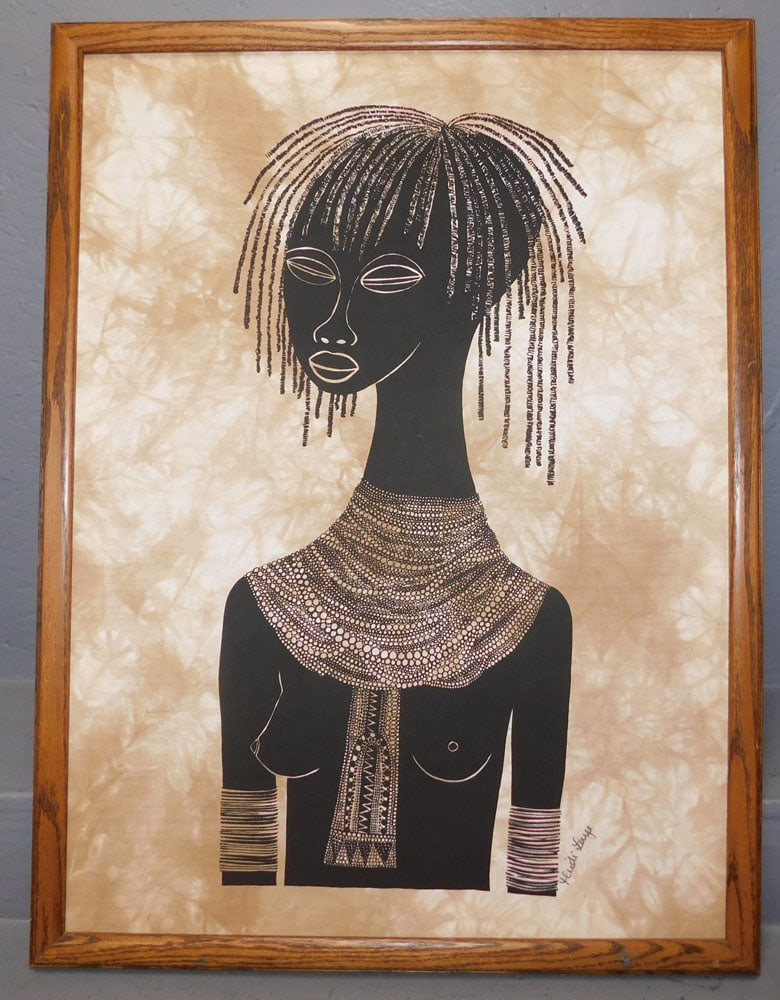 Watercolor On Fabric Of African Woman: Watercolor On Fabric Of African Woman. 27 1/2" x 36 1/2" ALL DESCRIPTIONS AND ANY CONDITION STATEMENT GIVEN BY LANGSTON AUCTION GALLERY ARE STRICTLY OPINIONS AND LANGSTON'S SHALL HAVE NO RESPONSIBILIT
