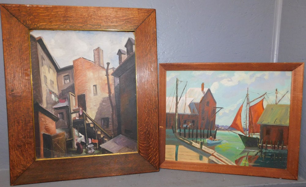 Framed Oil On Board Dock Scene - Oil On Board Cityscape - Signed (1 of 5)