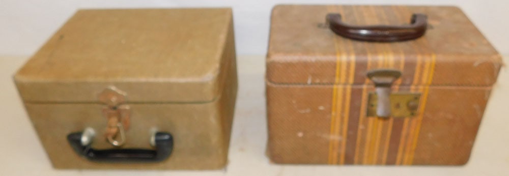 Two Vintage Makeup Cases: Two Vintage Makeup Cases. Up to 11 1/2" W 9" D 6 1/4" H ALL DESCRIPTIONS AND ANY CONDITION STATEMENT GIVEN BY LANGSTON AUCTION GALLERY ARE STRICTLY OPINIONS AND LANGSTON'S SHALL HAVE NO RESPONSIBILITY