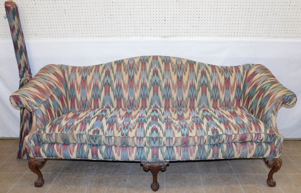 Carved Mahogany Flamed Stitch Upholstered Camel Back Sofa (1 of 7)