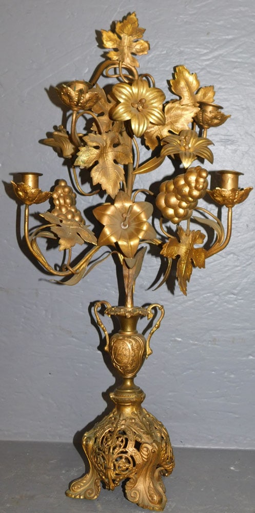 Gilt Bronze Floral Candlelabra: Gilt Bronze Floral Candlelabra. 25" H ALL DESCRIPTIONS AND ANY CONDITION STATEMENT GIVEN BY LANGSTON AUCTION GALLERY ARE STRICTLY OPINIONS AND LANGSTON'S SHALL HAVE NO RESPONSIBILITY FOR ERRORS OR OMI