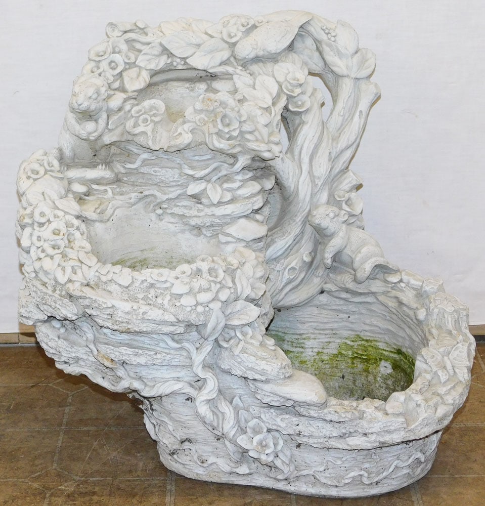 Cast Concrete Water Fountain: Cast Concrete Water Fountain. 21 1/2" H ALL DESCRIPTIONS AND ANY CONDITION STATEMENT GIVEN BY LANGSTON AUCTION GALLERY ARE STRICTLY OPINIONS AND LANGSTON'S SHALL HAVE NO RESPONSIBILITY FOR ERRORS OR O