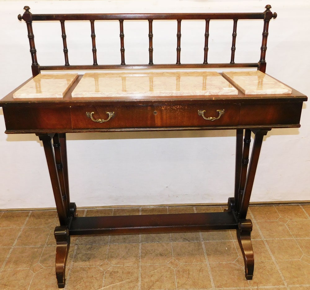 Mahogany Bamboo Turned Marble Top Server: Mahogany Bamboo Turned Marble Top Server . 40" W 17" D 42" H ALL DESCRIPTIONS AND ANY CONDITION STATEMENT GIVEN BY LANGSTON AUCTION GALLERY ARE STRICTLY OPINIONS AND LANGSTON'S SHALL HAVE NO RESPONSIB