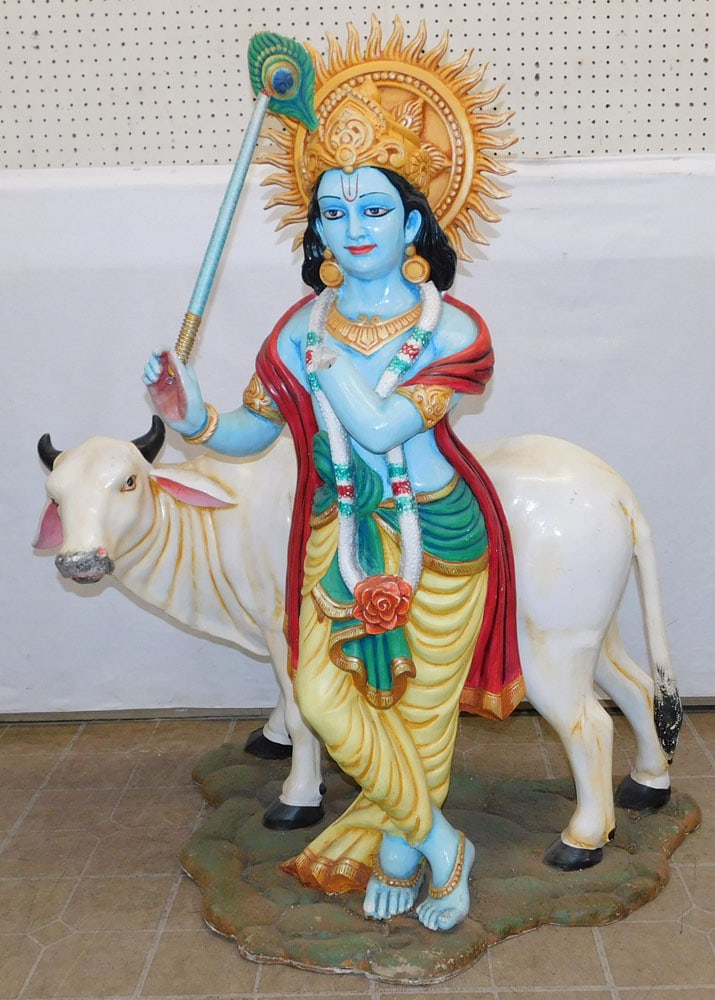 Painted Fiberglass Oriental Statue of Lady with Cow: Painted Fiberglass Oriental Statue of Lady with Cow. 49 1/2" H ALL DESCRIPTIONS AND ANY CONDITION STATEMENT GIVEN BY LANGSTON AUCTION GALLERY ARE STRICTLY OPINIONS AND LANGSTON'S SHALL HAVE NO RESPONS