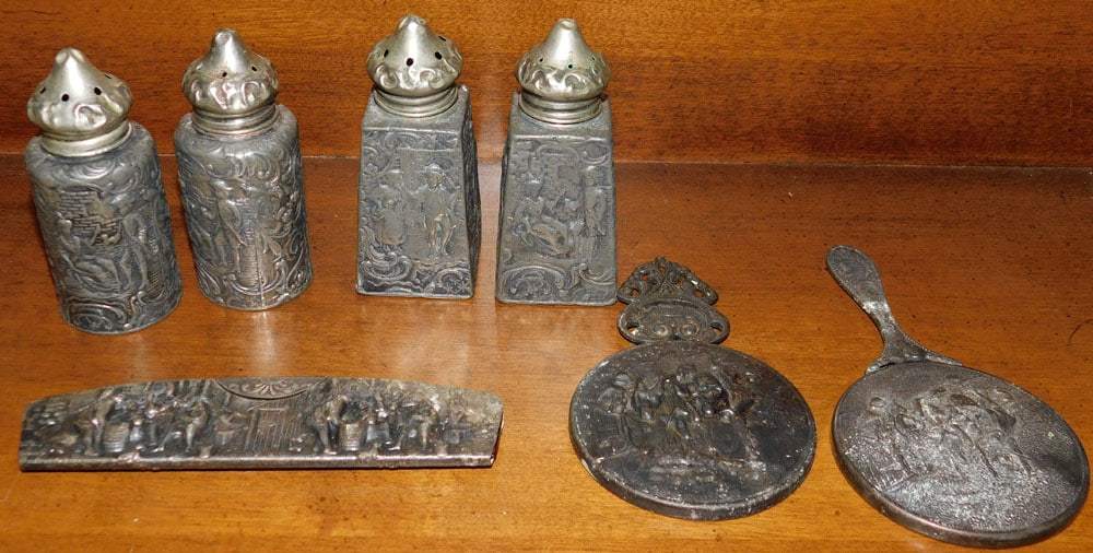 Silverplate Dutch Scene Salt & Pepper Shakers, Dutch S.P. Comb, 2 Silverplate Scenic Hand Mirrors (1 of 4)