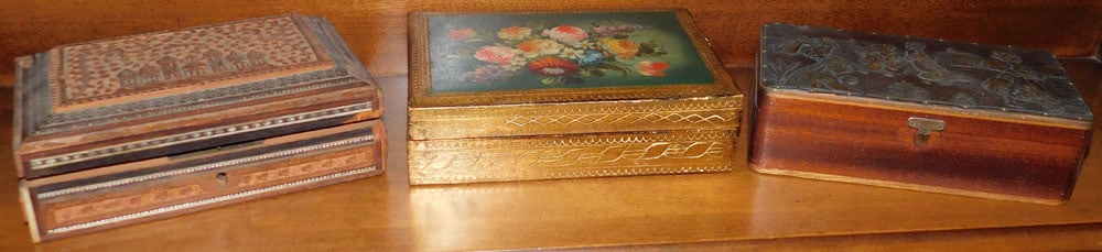 Carved Wood Dresser Box, Embossed Top Dresser Box, & Italian Decorated Dresser Box (1 of 5)
