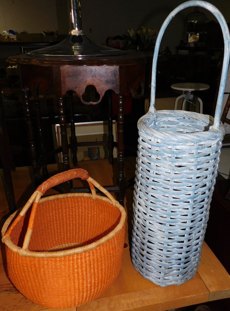 Large Painted Blue Basket and Leather Handle Woven Basket (1 of 5)