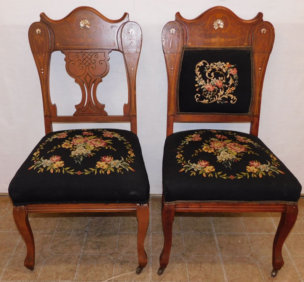 Pair of Mahogany Victorian Mother of Pearl Inlaid Side Chairs with Needlepoint Seats: Pair of Mahogany Victorian Mother of Pearl Inlaid Side Chairs with Needlepoint Seats . 39" H ALL DESCRIPTIONS AND ANY CONDITION STATEMENT GIVEN BY LANGSTON AUCTION GALLERY ARE STRICTLY OPINIONS AND LA