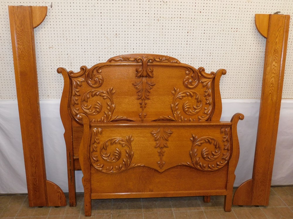 Antique Carved Tiger Oak Full Size Bed with Rails (1 of 3)