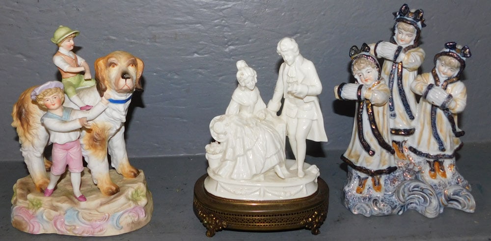2 Porcelain & 1 Bisque Figurine: 2 Porcelain & 1 Bisque Figurine. Up to 9" H ALL DESCRIPTIONS AND ANY CONDITION STATEMENT GIVEN BY LANGSTON AUCTION GALLERY ARE STRICTLY OPINIONS AND LANGSTON'S SHALL HAVE NO RESPONSIBILITY FOR ERRORS