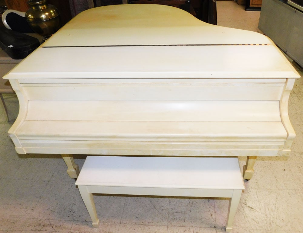 White Lacquered Baby Grand Piano by Brambach with Bench: White Lacquered Baby Grand Piano by Brambach with Bench. 54 1/2" W 60" D 39 1/4" H ALL DESCRIPTIONS AND ANY CONDITION STATEMENT GIVEN BY LANGSTON AUCTION GALLERY ARE STRICTLY OPINIONS AND LANGSTON'S S