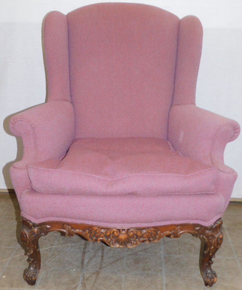 Carved Mahogany & Upholstered Wing Back Chair: Carved Mahogany & Upholstered Wing Back Chair. 39 1/2" H ALL DESCRIPTIONS AND ANY CONDITION STATEMENT GIVEN BY LANGSTON AUCTION GALLERY ARE STRICTLY OPINIONS AND LANGSTON'S SHALL HAVE NO RESPONSIBILIT