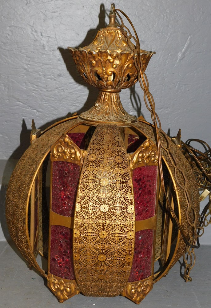 Gilded Metal & Glass Chandelier: Gilded Metal & Glass Chandelier . 23" H ALL DESCRIPTIONS AND ANY CONDITION STATEMENT GIVEN BY LANGSTON AUCTION GALLERY ARE STRICTLY OPINIONS AND LANGSTON'S SHALL HAVE NO RESPONSIBILITY FOR ERRORS OR O