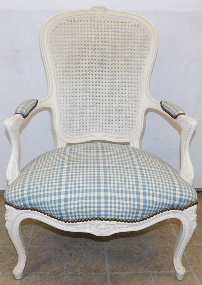 Painted Carved Wood & Cane Back Fauteuil: Painted Carved Wood & Cane Back Fauteuil. 36 1/2" H ALL DESCRIPTIONS AND ANY CONDITION STATEMENT GIVEN BY LANGSTON AUCTION GALLERY ARE STRICTLY OPINIONS AND LANGSTON'S SHALL HAVE NO RESPONSIBILITY FOR