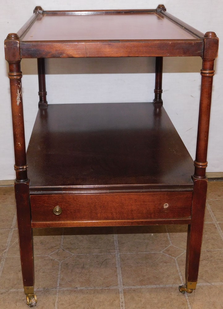 Mahogany & Tooled Leather Top 2 Tier End Table with Drawer (1 of 5)