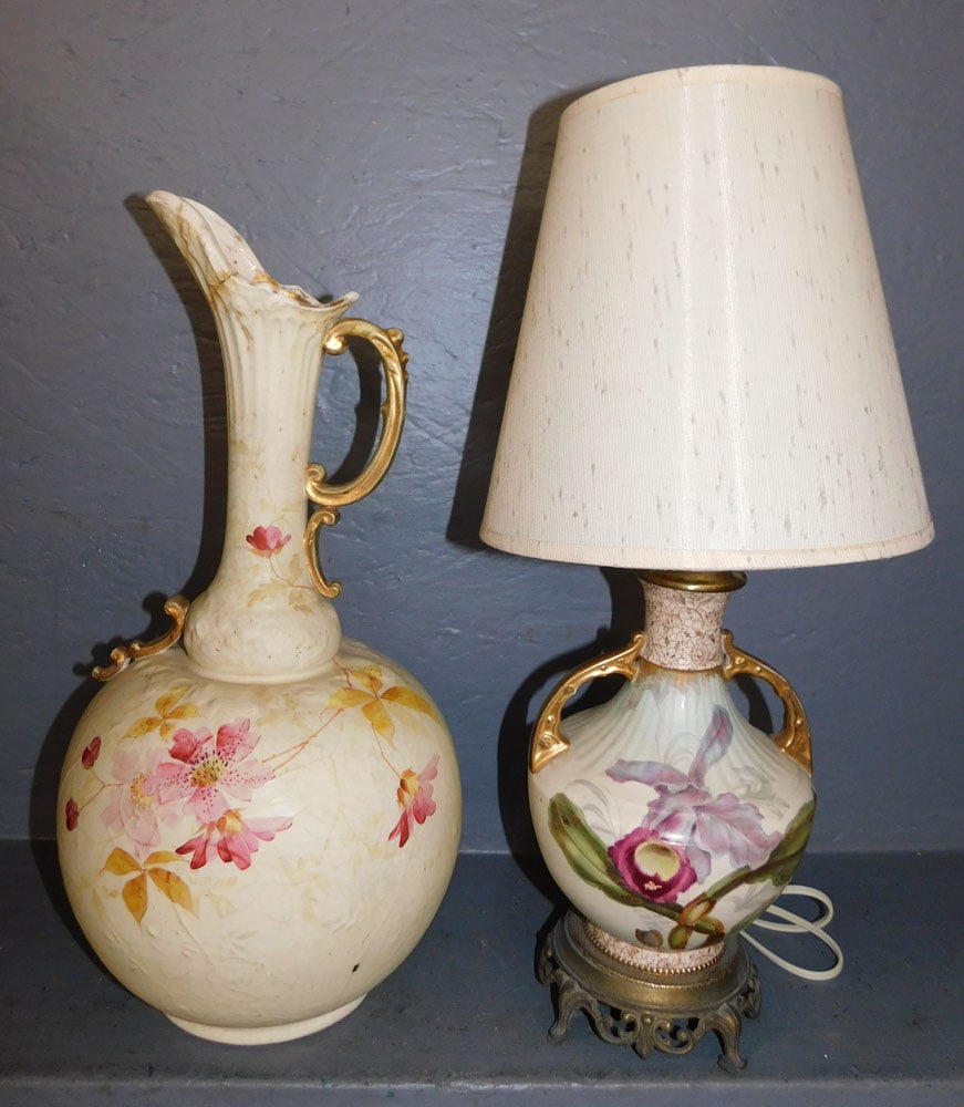 English Porcelain Ewer & Lamp, (As Is): English Porcelain Ewer & Lamp, (As Is). Up to 19 1/4" H ALL DESCRIPTIONS AND ANY CONDITION STATEMENT GIVEN BY LANGSTON AUCTION GALLERY ARE STRICTLY OPINIONS AND LANGSTON'S SHALL HAVE NO RESPONSIBILITY