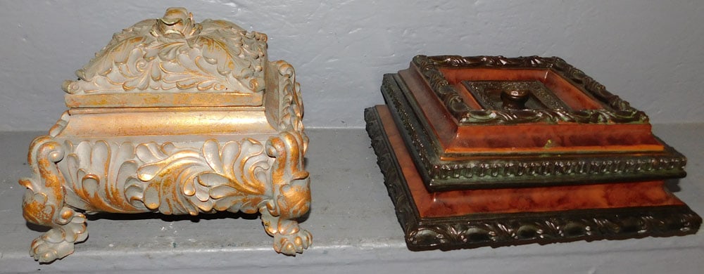 2 Decorative Boxes: 2 Decorative Boxes . Up to 10" x 10 1/4" x 4 1/2" H ALL DESCRIPTIONS AND ANY CONDITION STATEMENT GIVEN BY LANGSTON AUCTION GALLERY ARE STRICTLY OPINIONS AND LANGSTON'S SHALL HAVE NO RESPONSIBILITY FOR