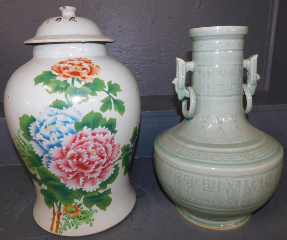 Oriental Porcelain Covered Urn & Celadon Vase (1 of 6)