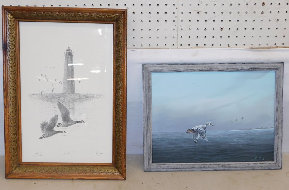 Framed Drawing of Ducks Flying & Framed Oil on Board of Artist, (Signed) (1 of 6)