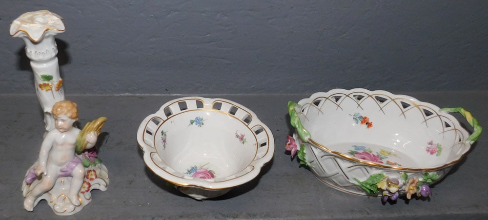 Lot of Dresden Porcelain Items: Lot of Dresden Porcelain Items . Up to 8" L ALL DESCRIPTIONS AND ANY CONDITION STATEMENT GIVEN BY LANGSTON AUCTION GALLERY ARE STRICTLY OPINIONS AND LANGSTON'S SHALL HAVE NO RESPONSIBILITY FOR ERRORS 