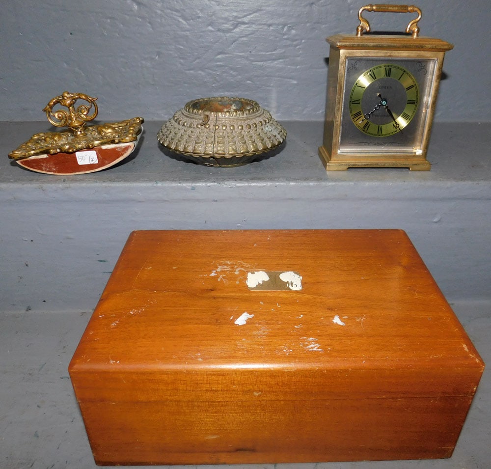 Brass Clock, Brass Incense Burner, Brass Victorian Paperweight, & Walnut Humidor: Brass Clock, Brass Incense Burner, Brass Victorian Paperweight, & Walnut Humidor. Up to: 10 3/4" W 7 1/2" D 4" H ALL DESCRIPTIONS AND ANY CONDITION STATEMENT GIVEN BY LANGSTON AUCTION GALLERY ARE STRI