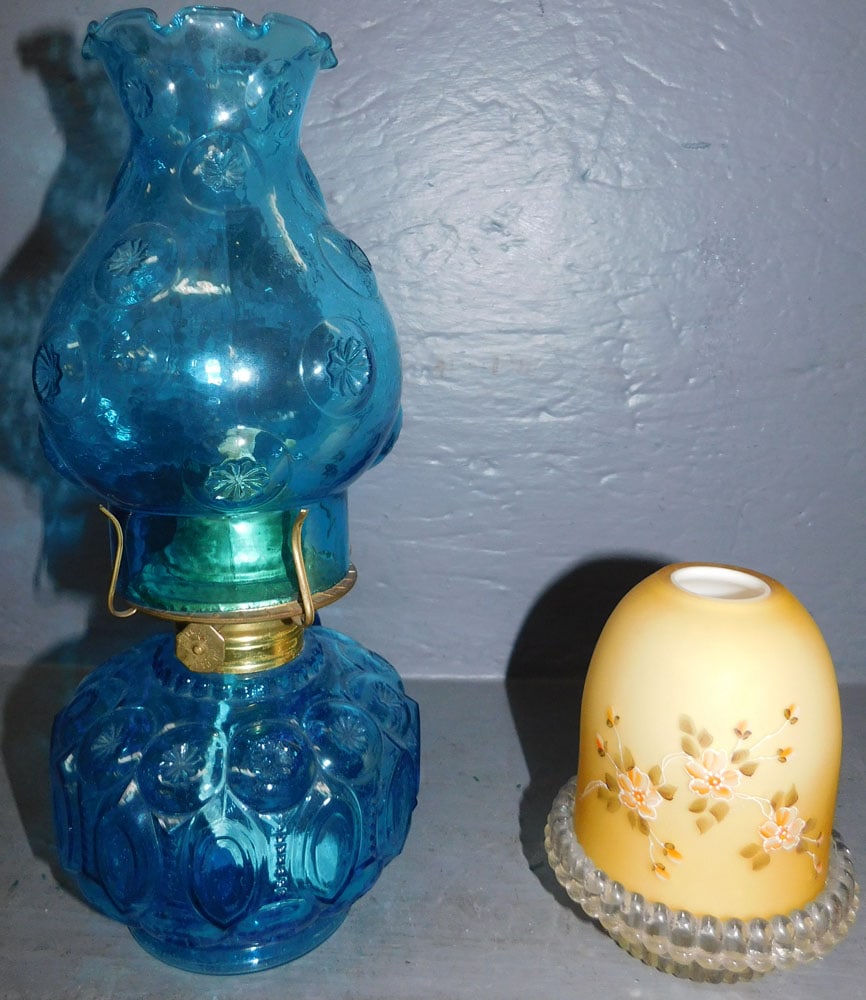 Fenton Shade Candleholder & Blue Glass Finger Oil Lamp with Shade (1 of 5)