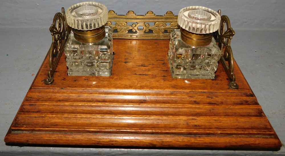 Antique Oak & Brass Ink Stand With Cut Glass Bottles (1 of 5)
